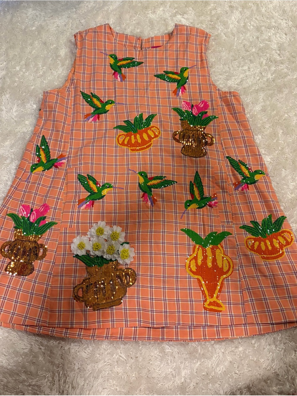 QUEEN OF SPARKLES Hummingbird Orange Plaid Mini Dress